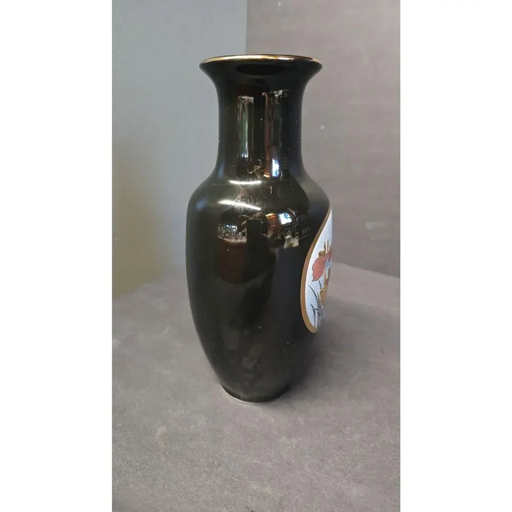 Vintage Fine China Floral Butterfly Vase Black Porcelain Japan Copper Gold Tone